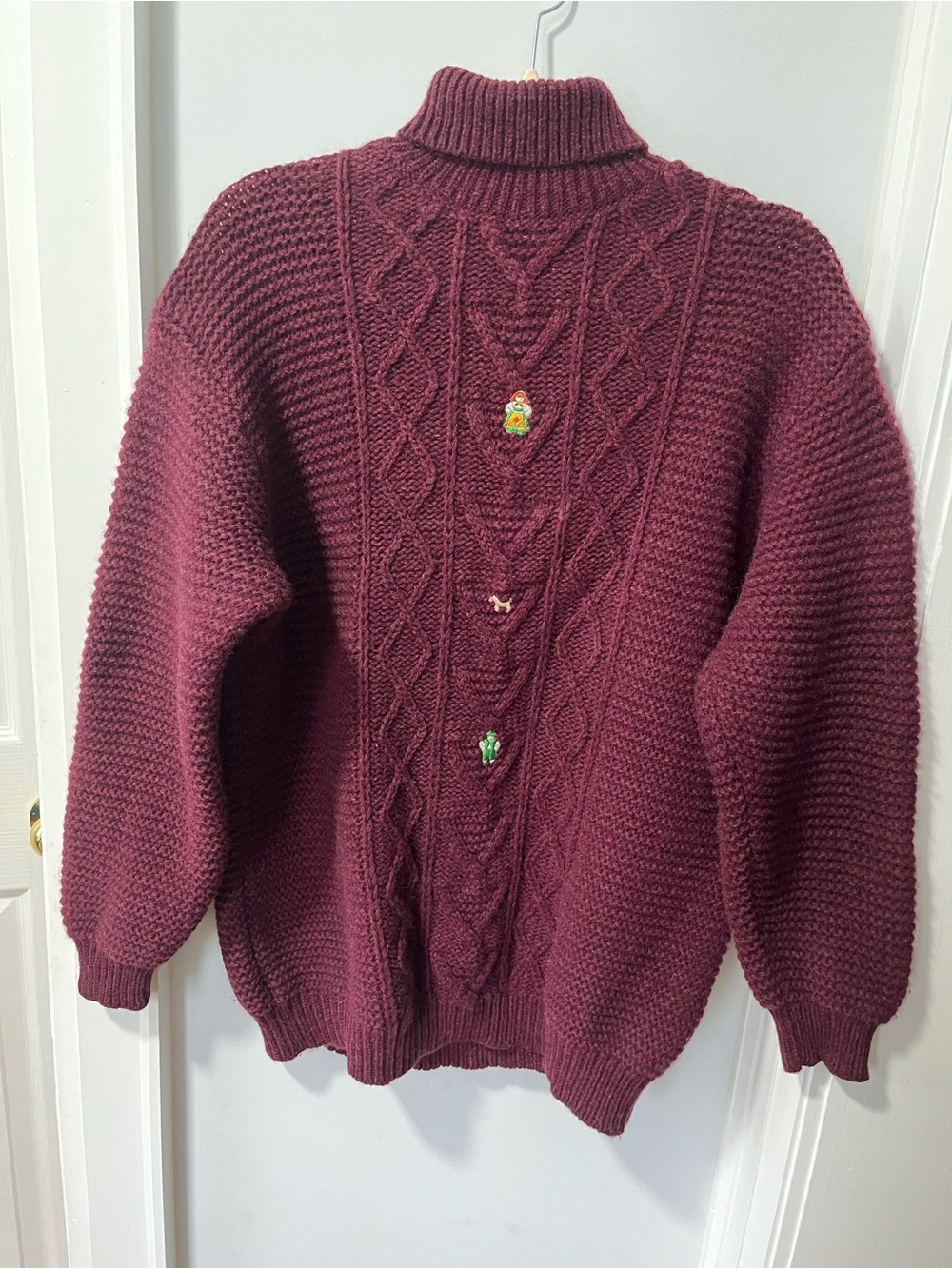 Vintage Benetton Italy Burgandy Wool Cable Knit Turtleneck Sweater Large